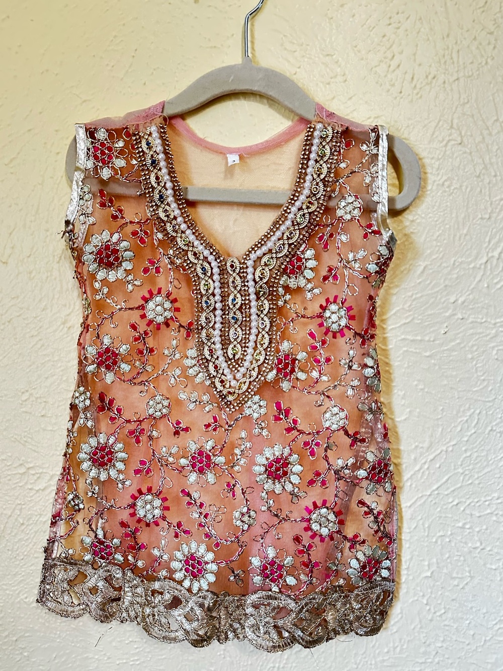 Girls Pink Embroidered Beaded Sleeveless Tunic Top
